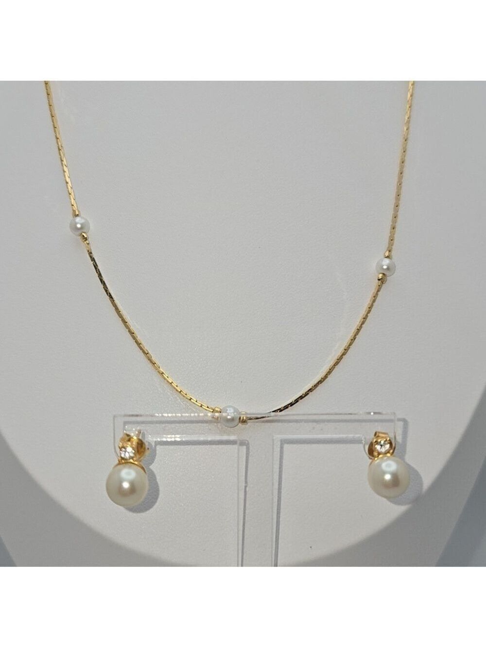Faux Pearl Gold Set Earrings Studs and Chain 17''